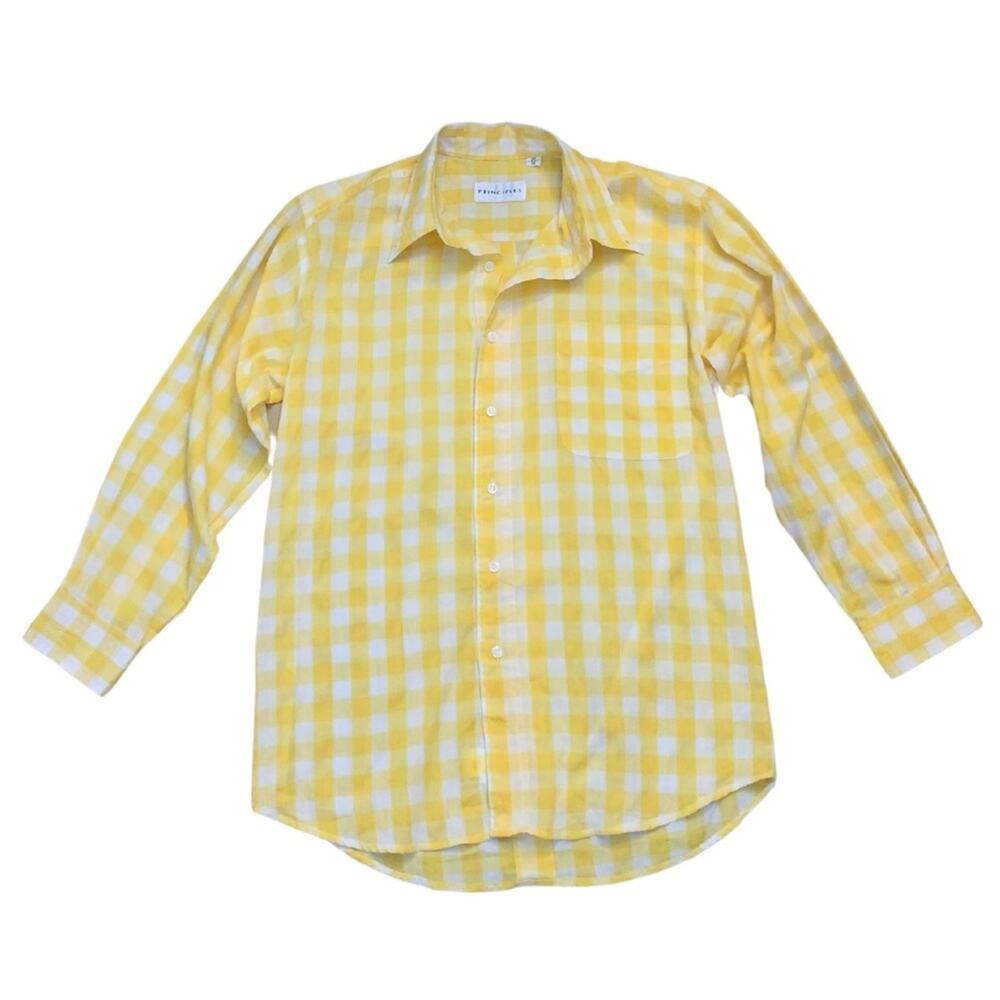 2/$30 Butter Yellow White Plaid Long Sleeve Shirt Medium Buttondown Gingham